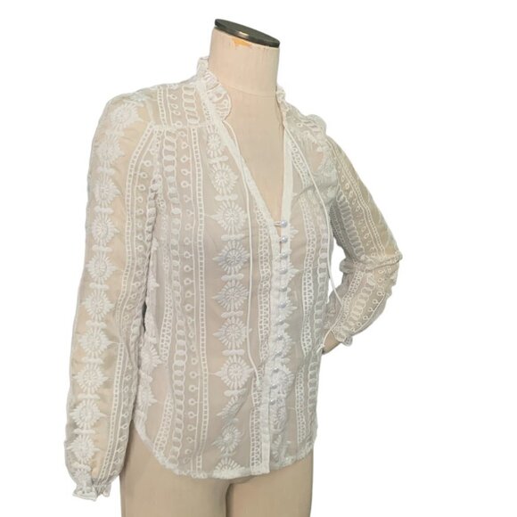 Sheer White Embroidered Faux-Pearl Button Down Blouse 112L - Picture 2 of 7